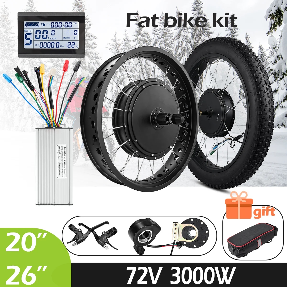 72V Electric Fat Bike Conversion Kit with Tyre 3000W Brushless Gearless Hub Motor Rear Wheel Snow Bicycle Engine For 20in 26in