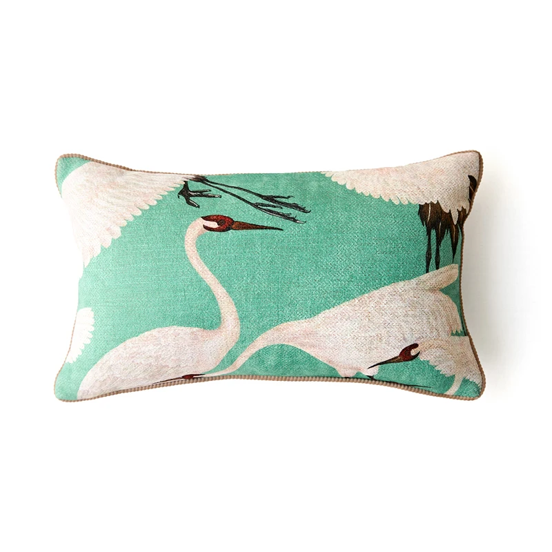 Pink Crane Pillows Luxury Green Chenille Cushion Case Vintage 45x45 50x50 Decorative Pillow Cover For Sofa Chair Home Decoration