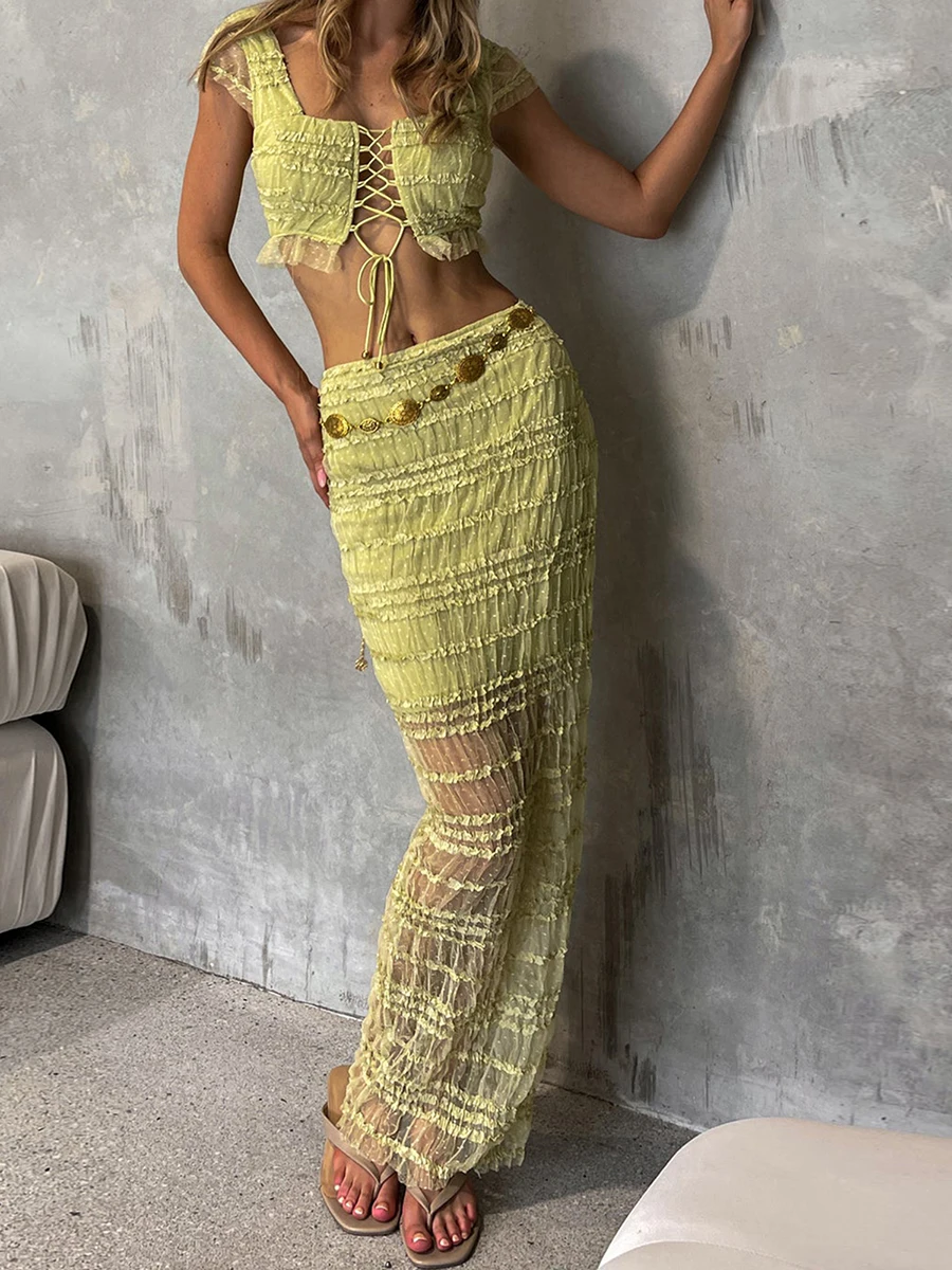 Women's Summer 2Pcs Outfits Cap Sleeve Square Neck Front Tie-up Crop Tops + High Waist Long Skirt Set Party Clothes