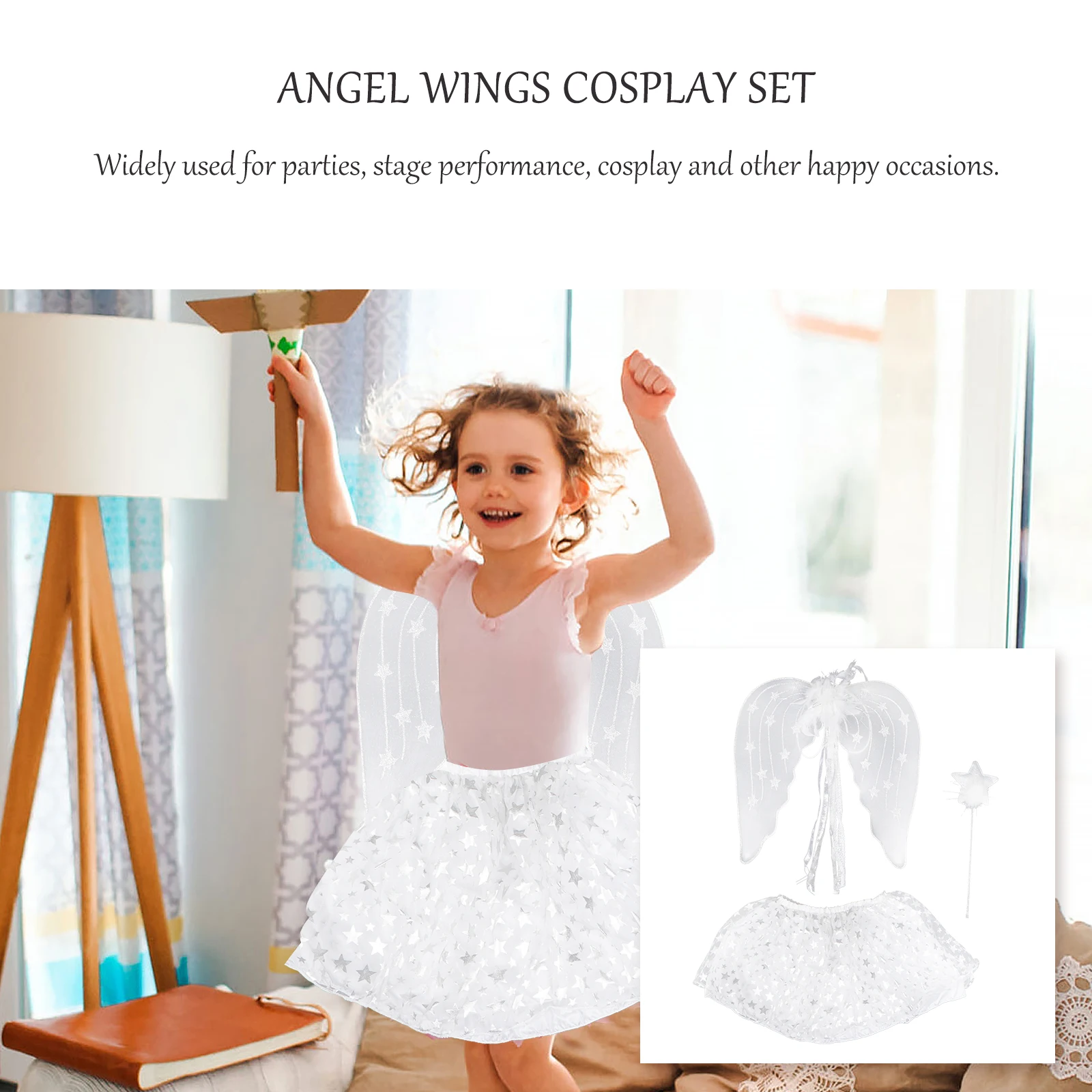 

3pcs Short Skirt Fairy Wings Angel Up Set Cosplay Costume Party Favor For Girls Adjustable Size Angel Wings Wand