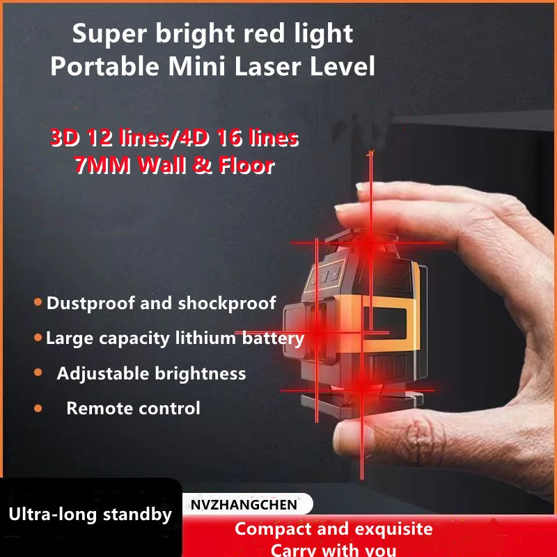 Mini-Laser-Wasserwaage rote Linien 12/16 Linien 3D/4D selbstnivellierend 360° horizontal vertikal rote Strahlen hochpräzise Laser-Wasserwaage