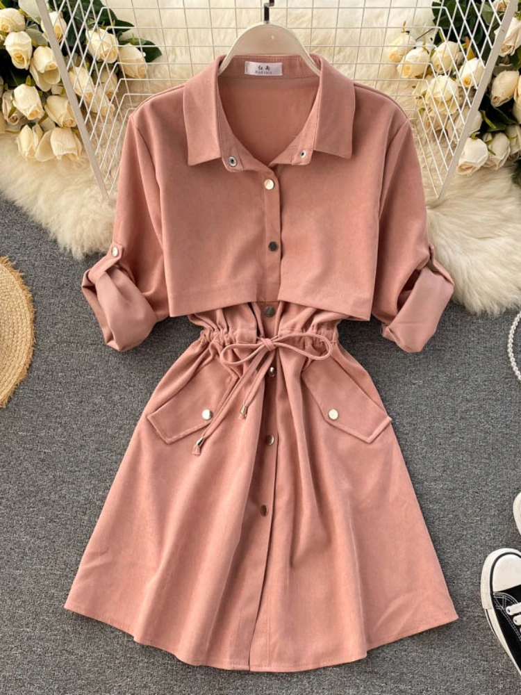 New Women Short Dress Spring Autumn Turn Down Collar Single-breasted Casual Dresses Ladies Shirts Dress