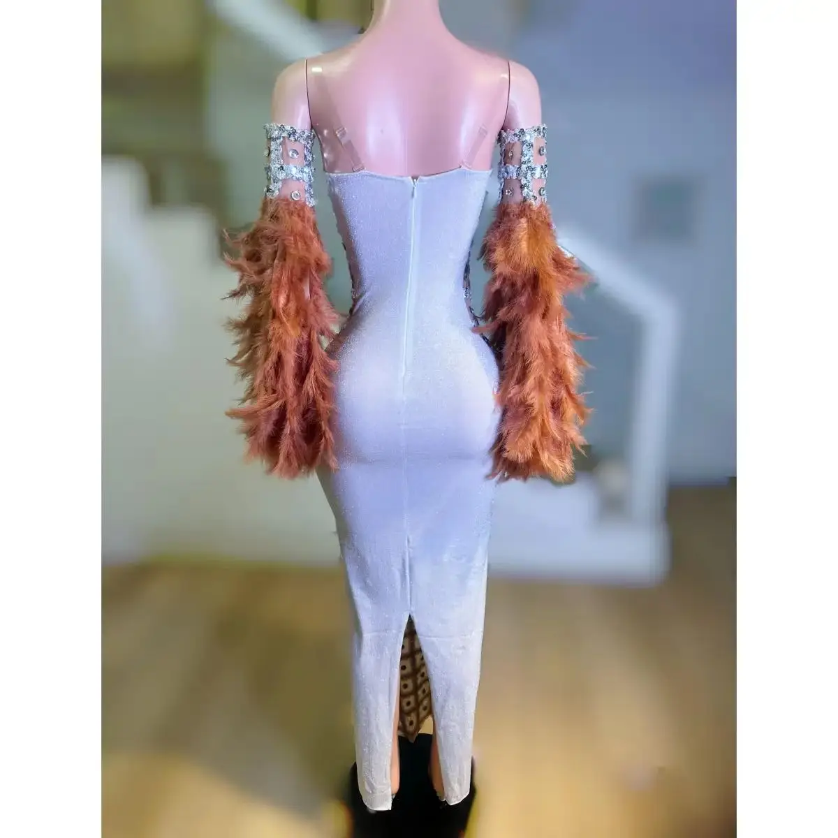 나이트 클럽 DJ 바 여성 가수 댄스 팀 무대 의류 섹시한 전체 다이아몬드 메쉬 깃털 슬리밍 롱 드레스 파티 테마 쇼