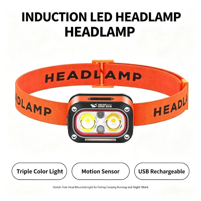 SMILING SHARKInduction LED Triple Color Light USB Rechargeable Digital Power Display Waterproof Portable Head Flashlight TD-0197