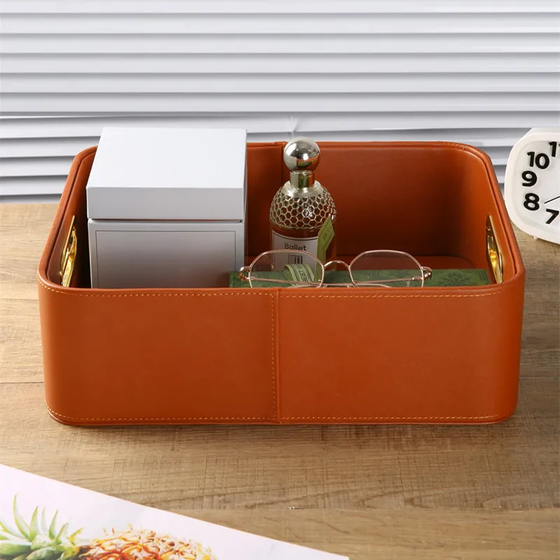 European Leather Desktop Storage Box Multi-Grid Organizer for Cosmetics or Clothing, Elegant Handcrafted Design, Metal Handle