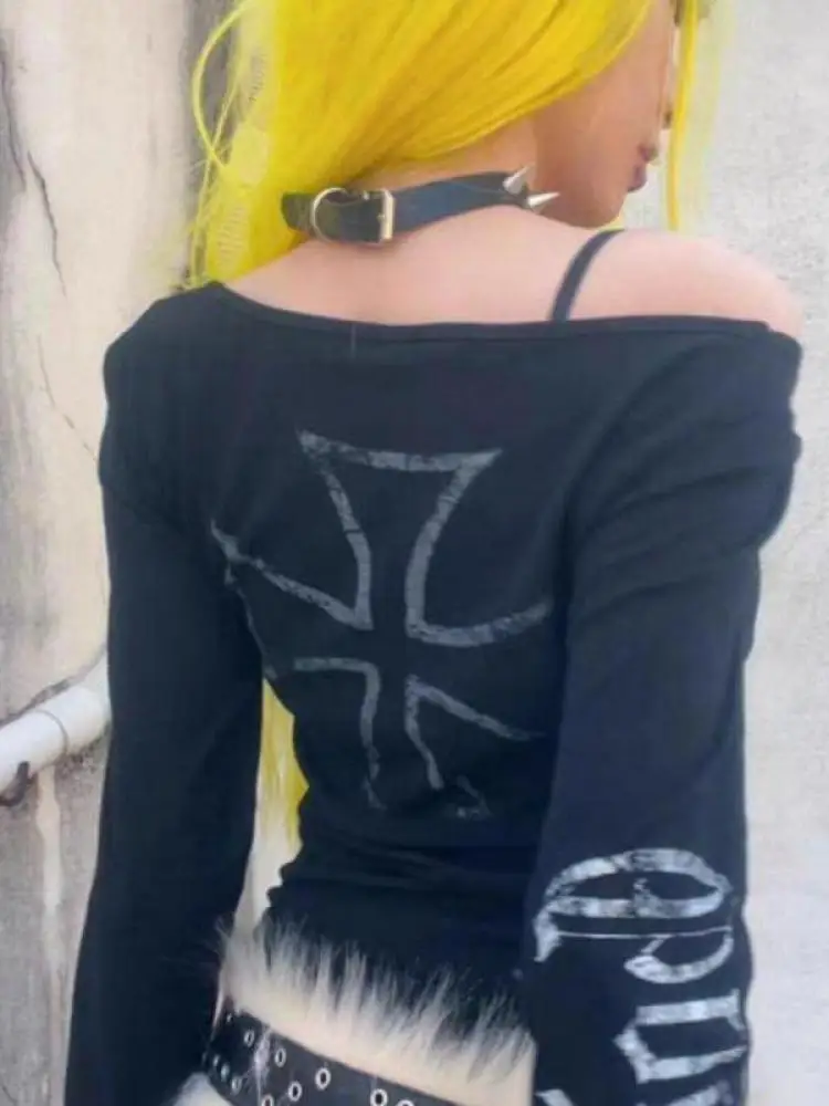 Erwofeina American Retro Long Sleeve Slim Graphic T Shirts Skew Collar Gothic Tees 2000s Clothes Y2k Korean Fashion Women Top