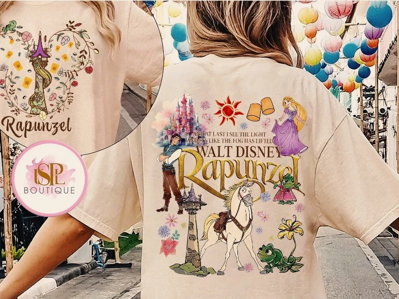 ديزني رابونزيل متشابكة المملكة السحرية فلين رايدر تي شيرت النساء الرجال موضة الصيف عادية طاقم الرقبة قصيرة الأكمام الرياضة فضفاضة