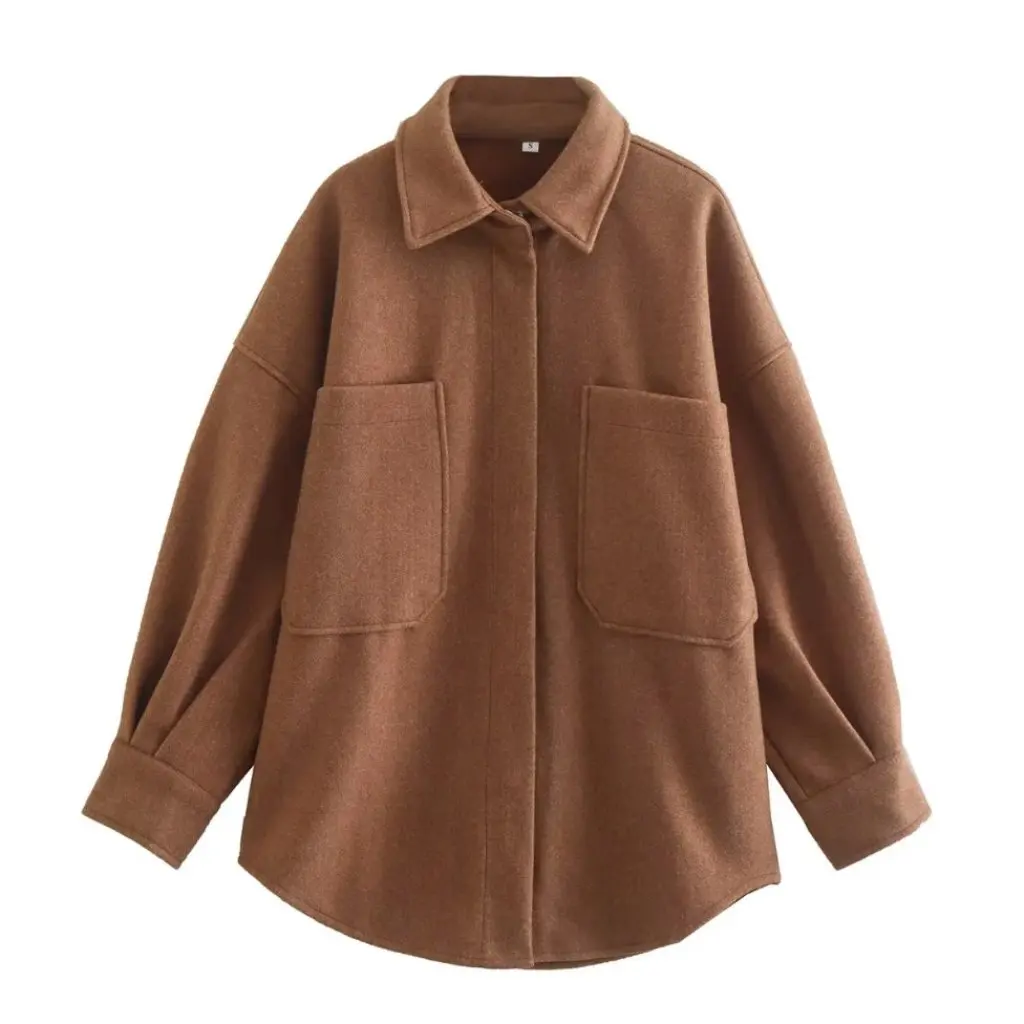 

Women's European American Style Wool Shirt Solid Color Loose Long Sleeve Big Pocket Coat Autumn New