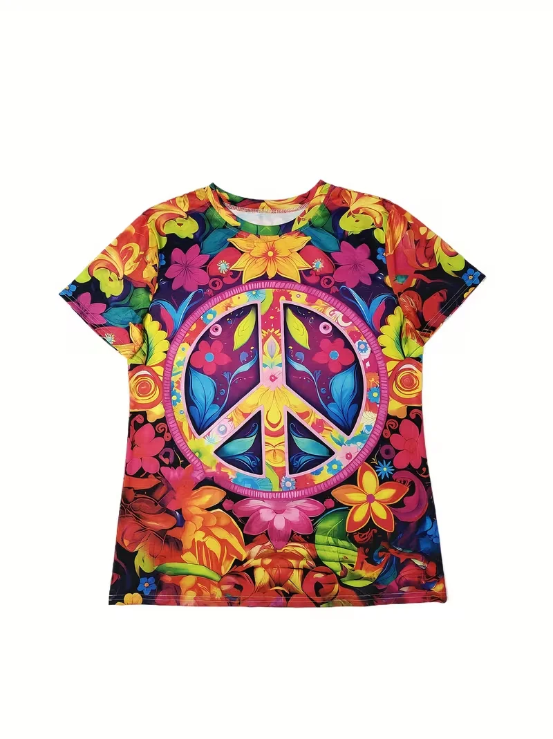 2026 delle nuove donne Hippie retrò simbolo della pace stampa completa T-shirt colore graffiti fiore allentato manica corta Top primavera/estate edizione