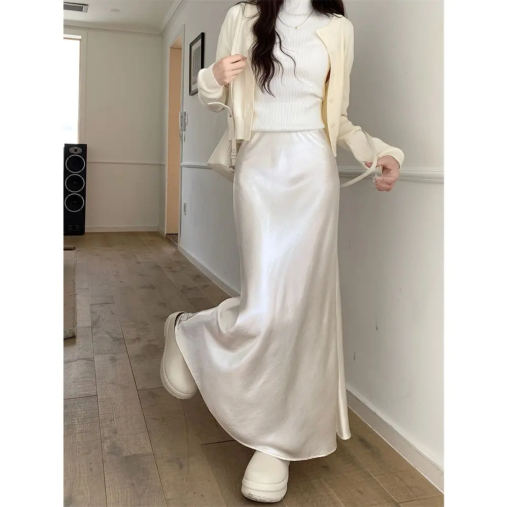 High-End Satin Texture Long Skirt Women Fashion 2026 Spring Summer High Waist Loose Maxi Skirts Elegant Office Fishtail Skirt