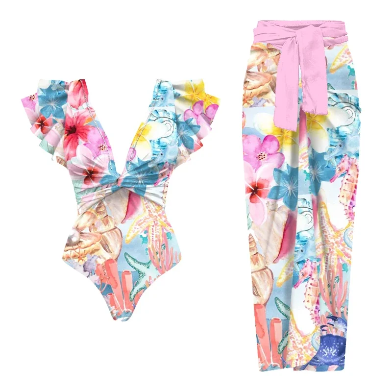Traje de baño de una pieza con volantes y hombros para mujer, traje de baño Sexy con cubierta, trajes de baño de vientre plano, traje de baño con cinturón, traje de baño para salida en la playa
