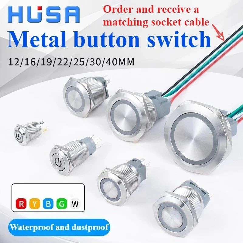 12 16 19 22mm With Wire Waterproof Metal Push Button Switch LED Ring/Power Light Momentary Latching 12/24 Silver1NO1NC