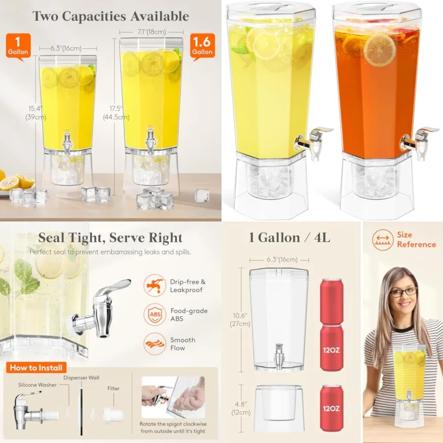

Gallon Drink Dispenser for Parties Pcs, 4L Plastic Beverage Container with Stand for Juice/Tea/Soda Lemonade, Clear Water Pitch