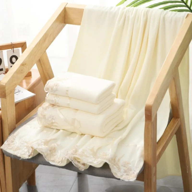 3pcs/set Microfiber Embroidered Towel Set Solid 2pcs 75x35cm Face Towel 1pc 140x70cm Bath Towel Quick Dry Towels Bathroom