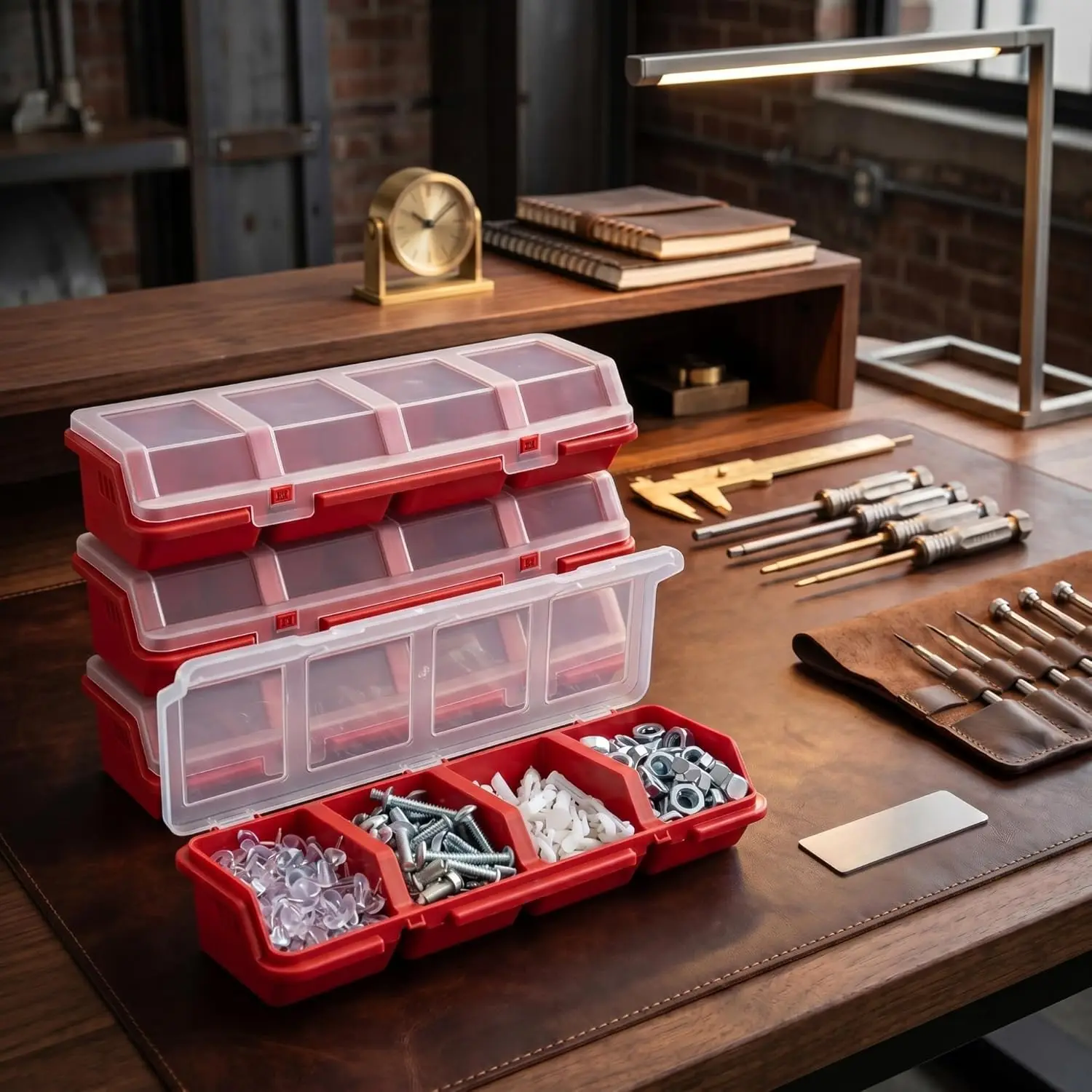 4-Fach Schraubenorganizer-Box mit Deckel, Stapelbare Kunststoff-Kleinteileaufbewahrung für Garage, Werkbank und Bastelarbeiten
