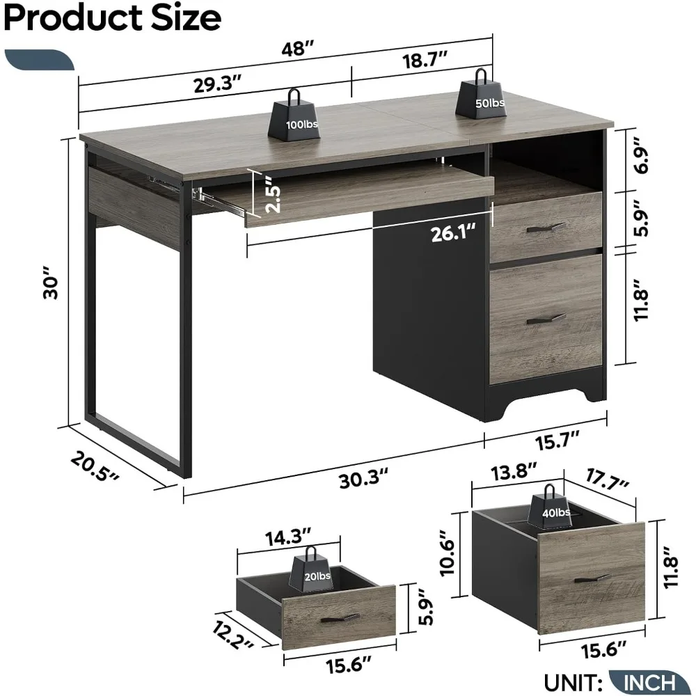 48 inch computer desk with drawers, office desk with storage, industrial wooden desk with file drawers