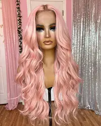 Pelucas de pelo sintético para mujeres blancas, pelo largo ondulado de 26 pulgadas, color rosa, sin pegamento, transparente, con encaje frontal, fibra de alta temperatura