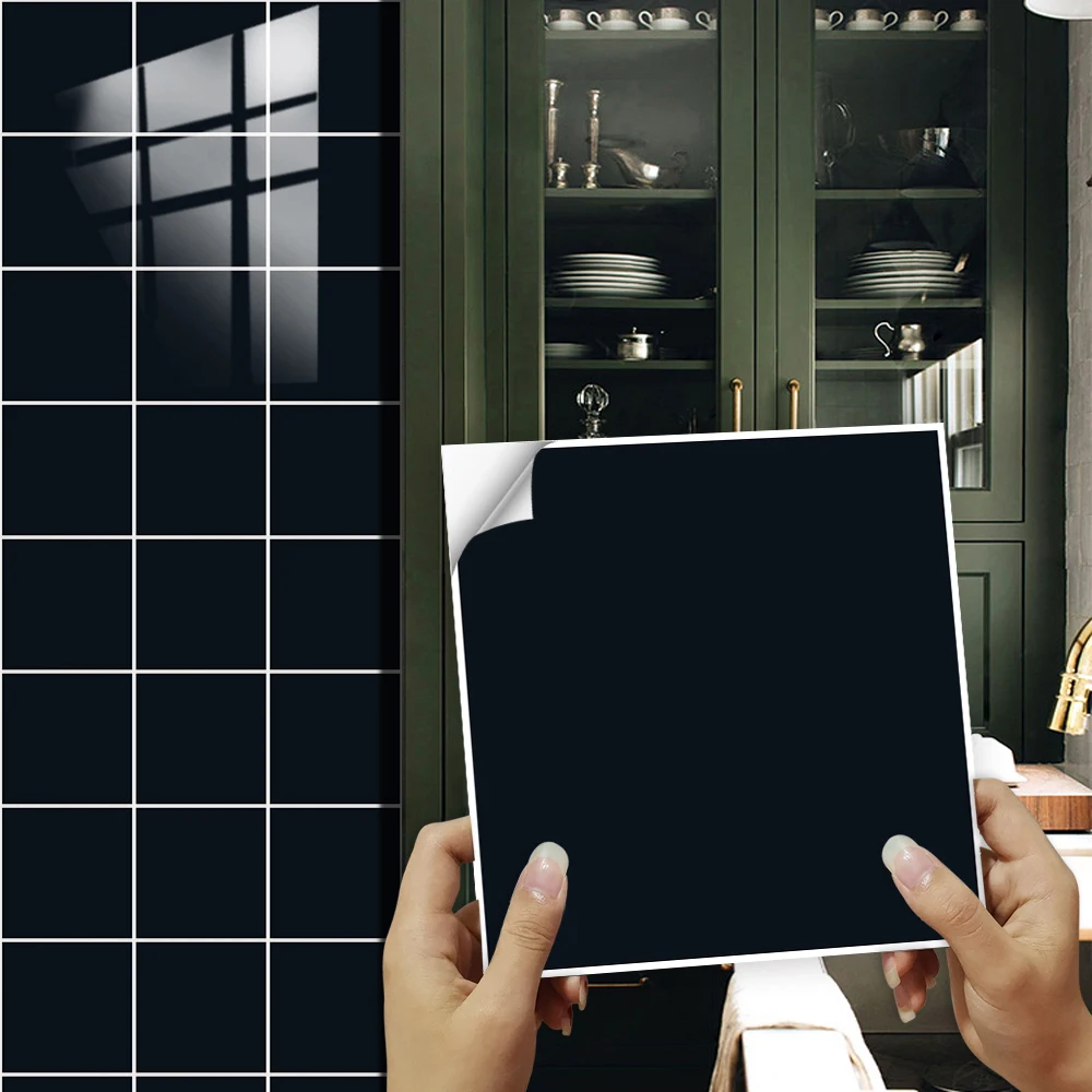 10pcs/set Solid Color Diamond Black Tiles Sticker Kitchen Backsplash Oil-proof Cupboard Peel & Stick Waterproof Art Wall Decals