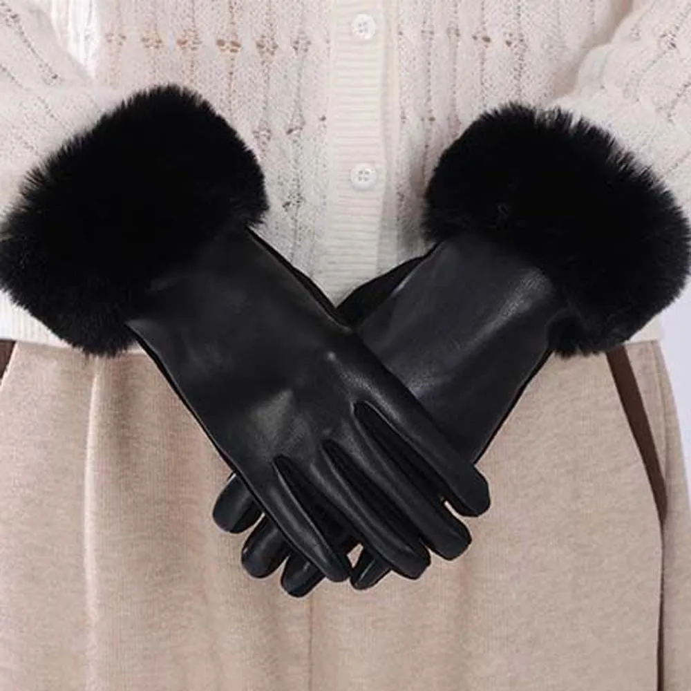 Fleece Lined Leather Gloves Anti-splash Water Fur Cuff Touchscreen Gloves Soft Texture Suede Fabric Thermal Handwear Daily Wear