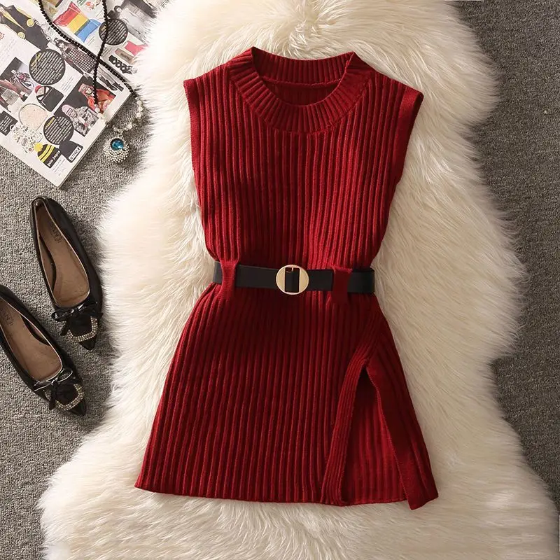 Women\'s Vintage Plaid Shirts Sweater Vest with Waistbelt Set Lady Autumn Winter Lucky Red Knit Tank Tops Blouse Outfits Knitwear