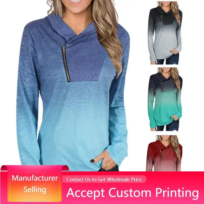 

Womens Casual Shirt Long Sleeve Solid Pullover Zipper Cowl Neck Tops Sporty Sweatshirt Gradient Tops