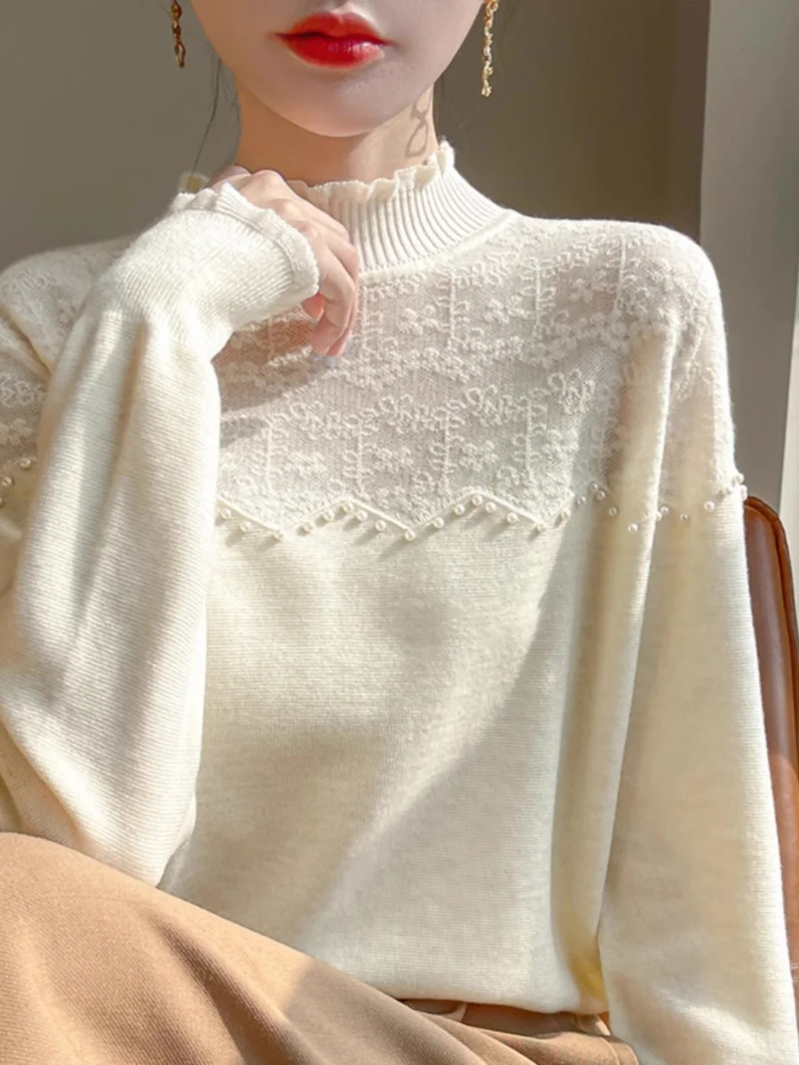 Faionable Embellied Knit Sweater Women's f High Collar Pearl Hook Flower Knitted Top Outerwear Super Sli Autumn Wi...