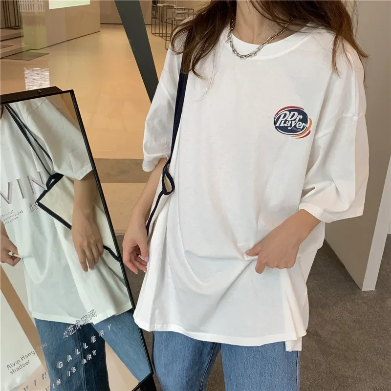 2024 Summer Bf Style Loose-fit Slimming Hongkong Flavor Short Sleeve T-shirts Women's Student Front Back Letter Printed Top