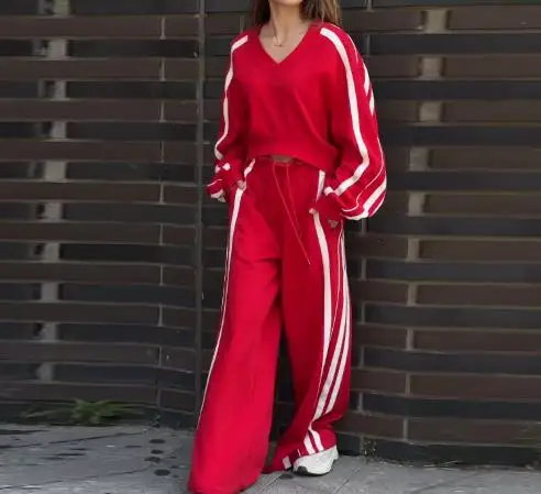 

Autumn Fashion Comparison Sports Style Two-Piece Set of V-Neck Long Sleeved T-Shirt and High Waisted Wide Leg Pants Set