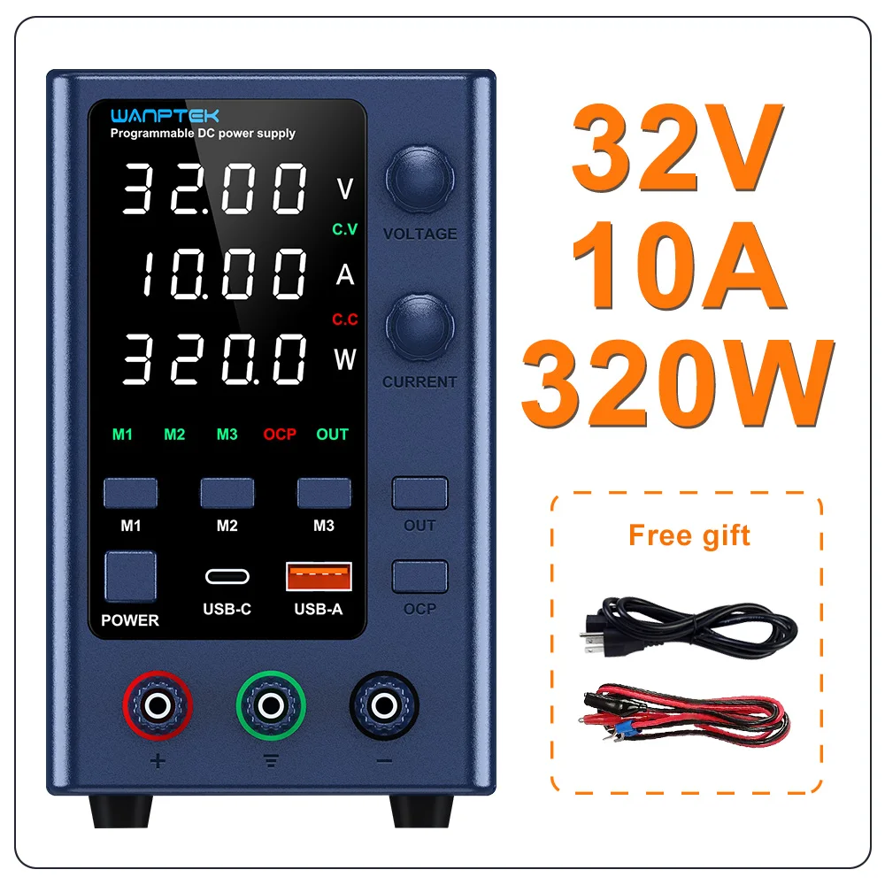 Wanptek Adjustable DC power supply with 4-digit LED display; 5V/3.6A USB/Tape-C fast charging with 3-group memory for encoder