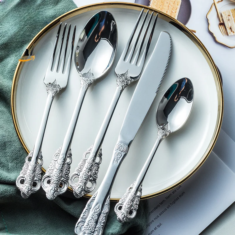 

Retro Embossed Steak Knife, Fork and Spoon, Western Food Suit, Western Food, 304 Stainless Steel, Five-Piece