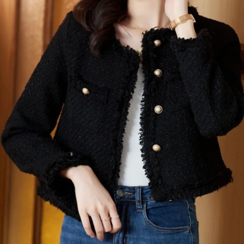 

Black Small Fragrant Tender Coat Women's 2024 Autumn Spring New High End Design Sense Thick Tweed Cardigan Top Trendy Jacket