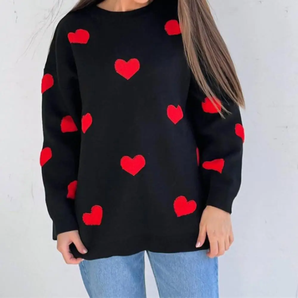 Amor blusa bordada para mulheres, gola redonda, manga comprida, malhas, top solto, elegente, rua hipster, moda, outono, 2024