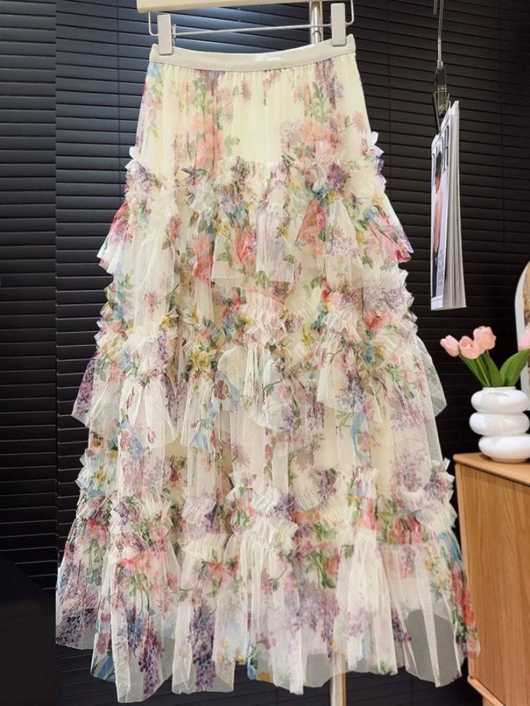 

Women's Mesh Print Layered Tutu Skirt A-Line Floral Bohemian Midi Length Flowy Beach Skirt