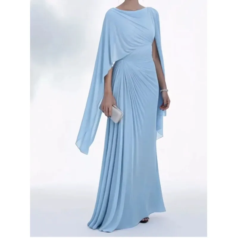 

Amazon Cross-border New One-word Collar Slim-fit Irregular Sleeves Hip-wrap Waist Pleated Slim-fit Long Dress Temperament Women