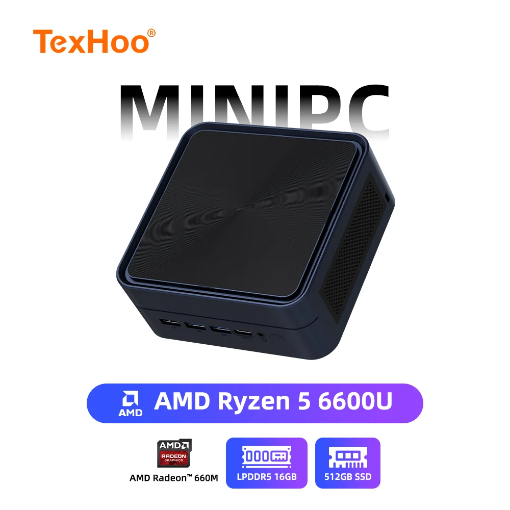 Texhoo MINI PC Windows 11 Pro AMD Ryzen5 6600U 16G LPDDR5 4800MHz 512G NVMe SSD WiFi6 BT5.2 Desktop Gaming PC Office Computer