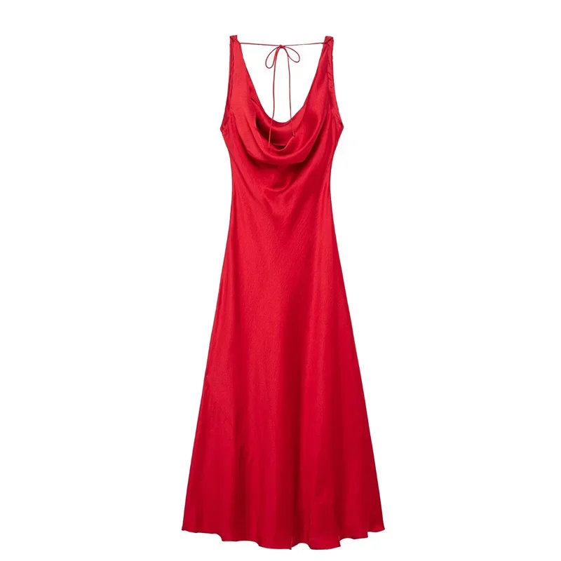 여성 드레스 봄 신상 실크 새틴 텍스처 스윙넥 롱 드레스 섹시 오픈 백 디자인 우아한 분위기 고급스러운 감각