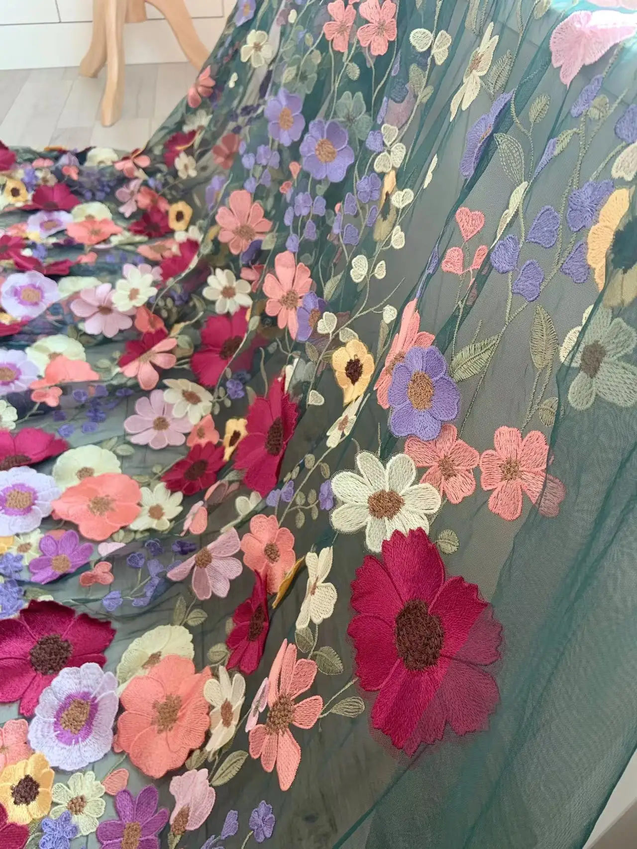 1 Yard Colorful Flowers Applique Gauze Fabric Soft 3D Embroidery Patch Mesh for Stunning Skirt,Couture,Dress Accessories