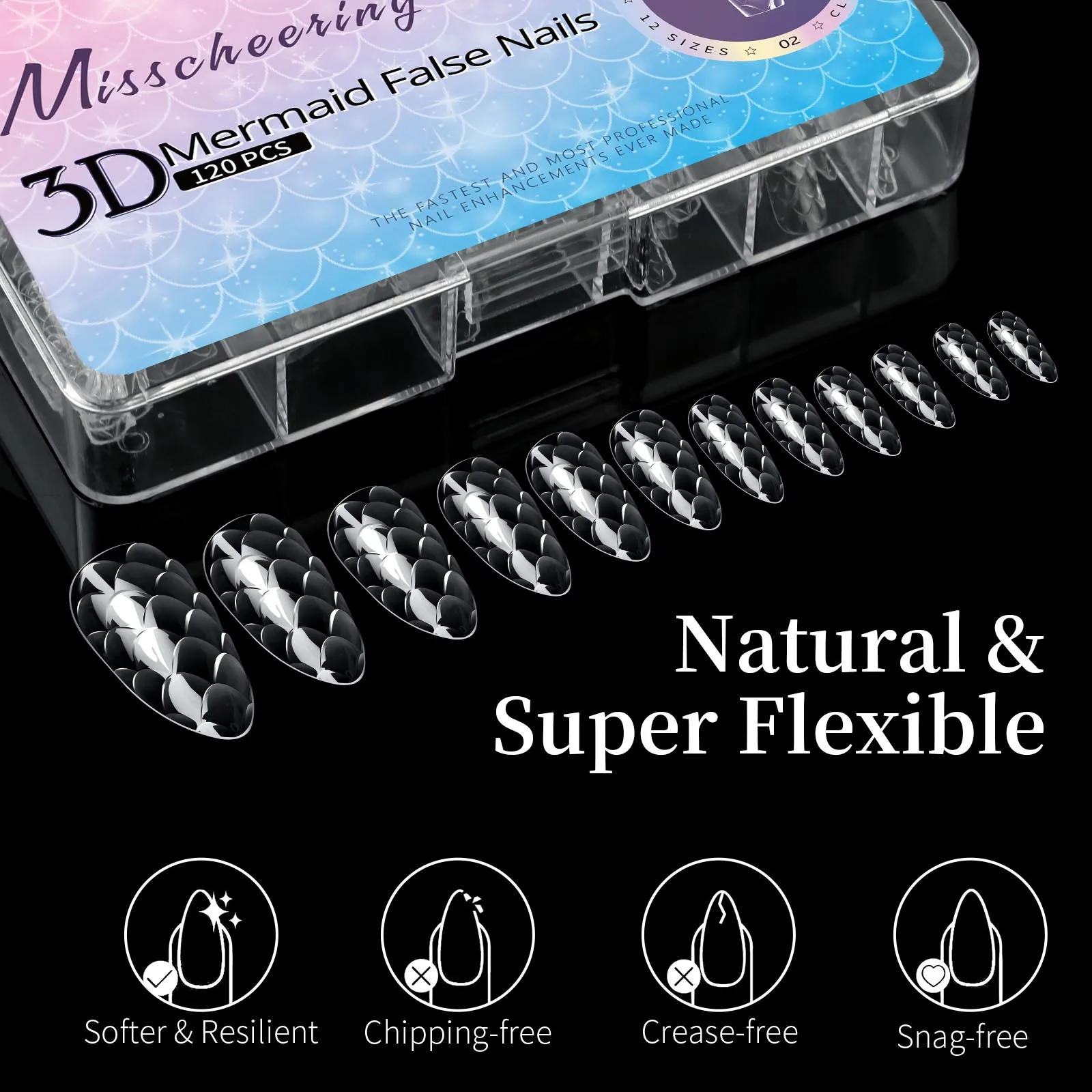 120pcs/box 3D Fish Scale Almond Ballet False Nails Acrylic Soft Full Cover Press On Nails DIY Nail Art Charm Extension Tools