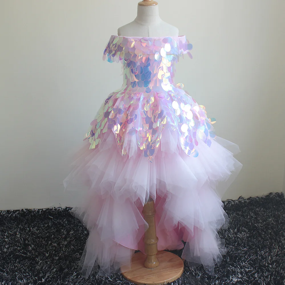 Beautifull High Low Pink Flower Girl Dress Tulle Sequins Communion Dress Birthday Party Clothes Straight Shoulder For Kids