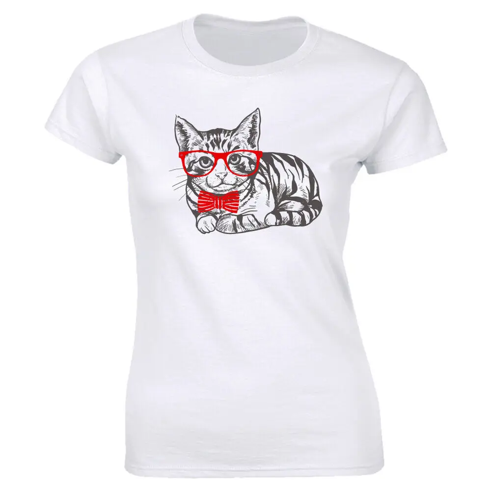 Cat With Glasses And Bow Tie Image Crew Neck T-Shirt Anime Graphic T-shirts Y2K Tops Unisex Summer Short Sleeve