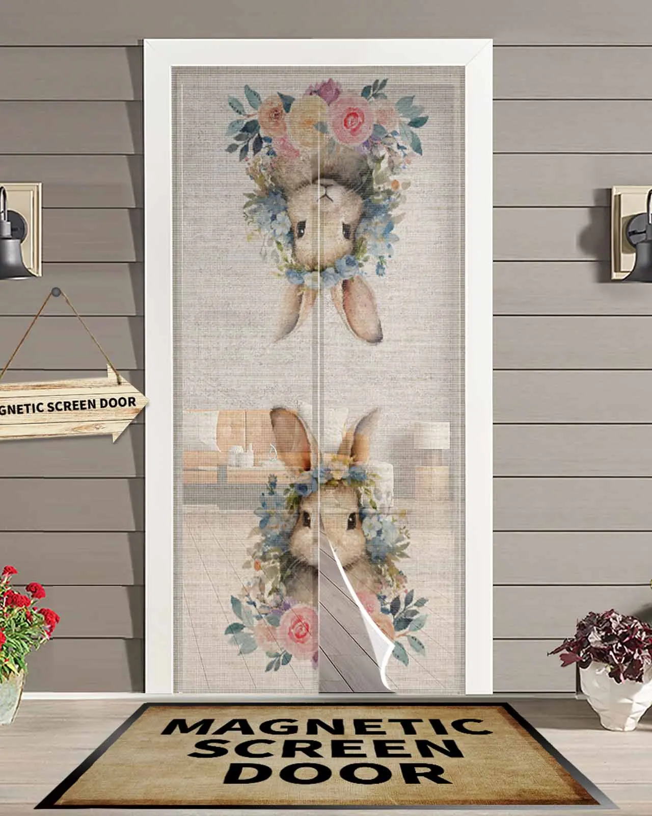 Easter Bunny Flowers Summer Magnetic Door Curtain Living Room Bedroom Home Anti-mosquito Screen Door Curtain