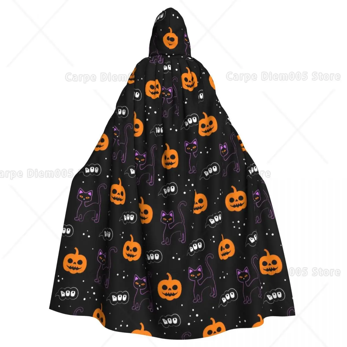 

Boo Black Cat Halloween Pumpkins Cosplay Hooded Cloak Party Robe for Adult Men Women Print One Size Gothic
