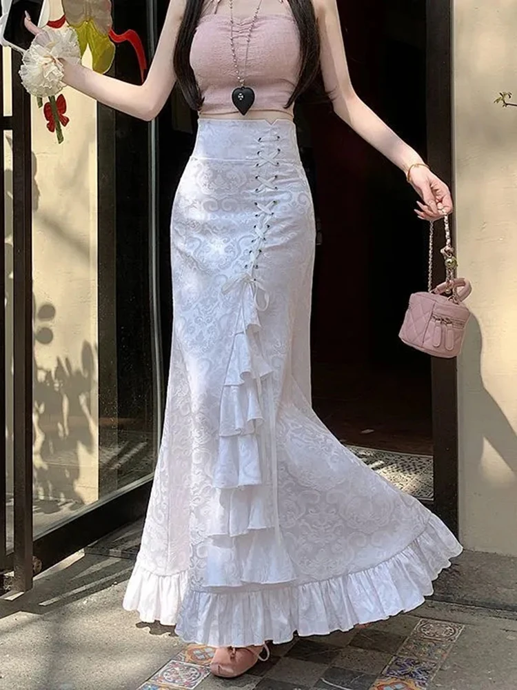 Spódnica midi z francuskim krojem rybki, damska, jesienna, z wysokim stanem, w stylu wiktoriańskim, z falbanami, elegancka, w stylu Hepburn, uniwersalna spódnica w kształcie litery A.