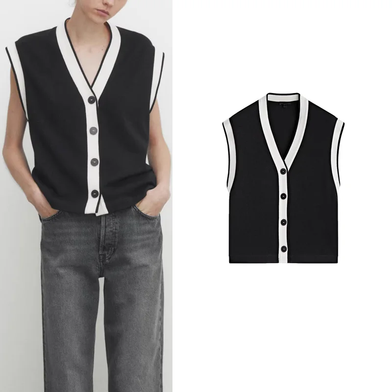 Simple Knitted Vest MD Women's Fashion New Small Fragrance Style Color Block Detail Quality Polyester Fiber V-neck Single Button