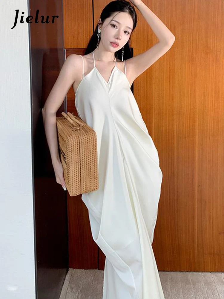 Jielur Spring Retro Long Sleeve Dress Women's Straps Satin Long Female Dress New Simple Solid Color Sleeveless Women's Dress