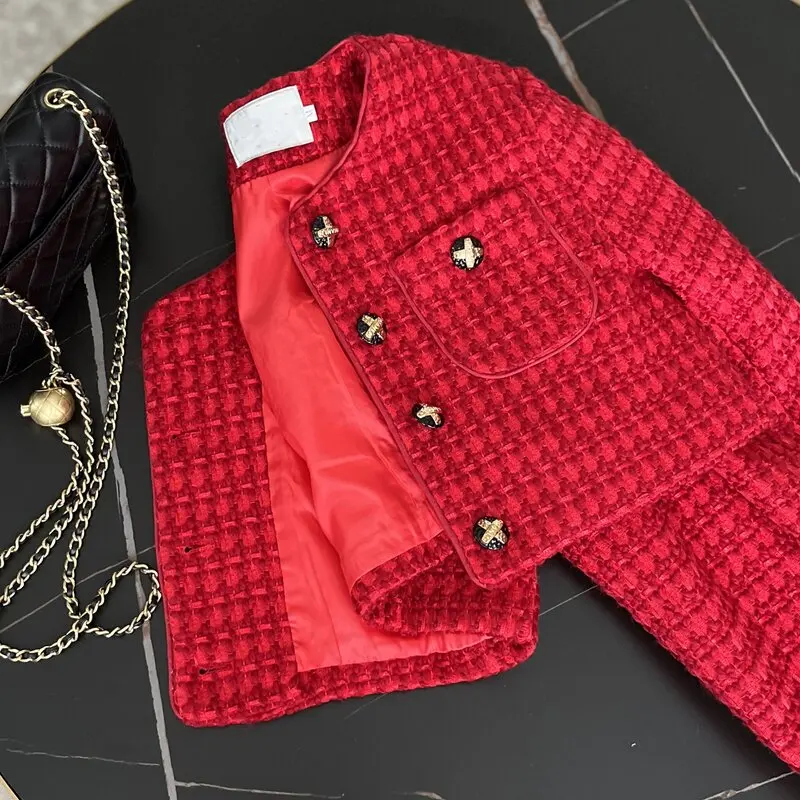 High Quality Chic Autumn Winter Red Woolen Short Jacket Coat Sweet Fashion Women O Neck Single Breasted Tweed Weave Cropped Tops