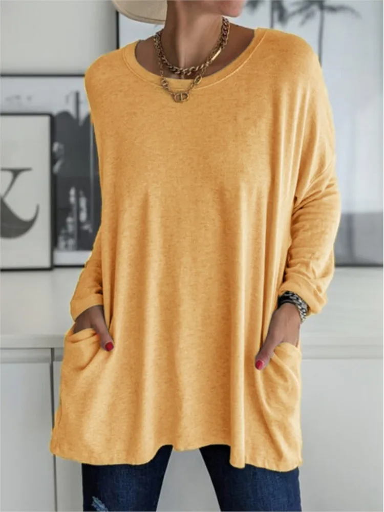 

2025 Women's Casual Solid Long Sleeve Tops Shirts Loose O-neck Double Pockets Females Comfort T-shirt Tops Tees Women Clothes