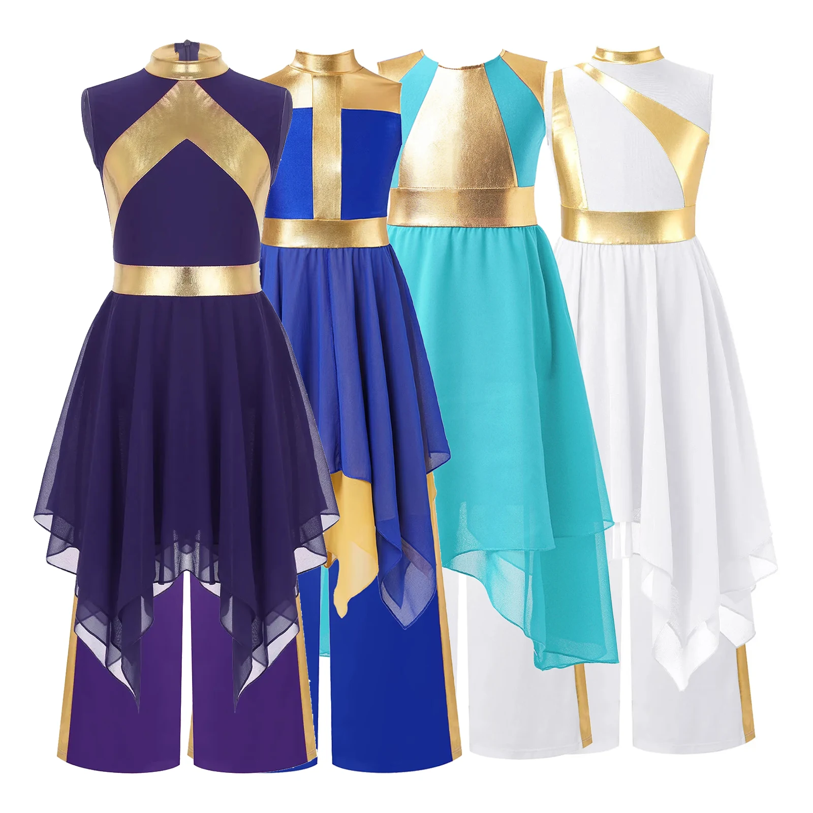 

Girls Worship Praise Costume Church Choir Liturgical Modern Lyrical Dance Dress Robe with Wide-Leg Pants Performance Dancewear