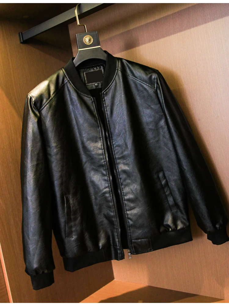 Thickened Fleece Lined Washed PU Leather Baseball Collar Jacket Men's Leather Coat Trendy H936 Youthful Winter Long Sleeve Zi...