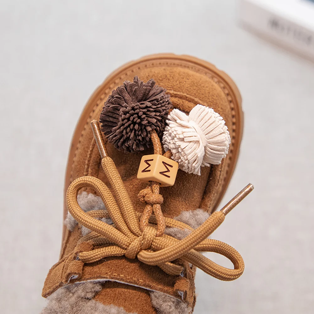 Faux Fur Winter Boots For Girls Vintage Children's Plush Boots Low Heel Elegant Lady Kid's Snow Boots Cotton Shoes For Girls